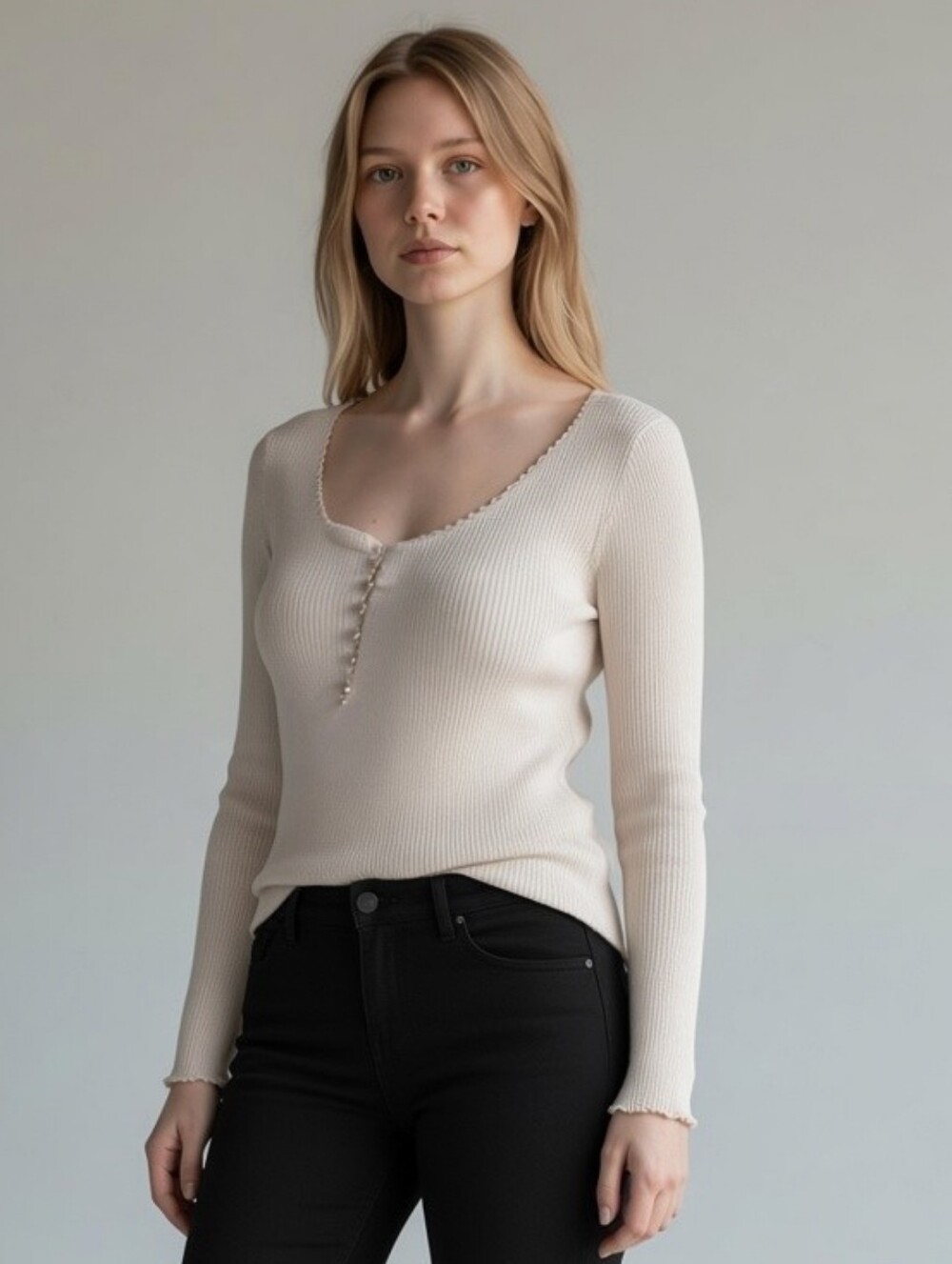 TOCCA Silk Cashmere Ribbed Henley Top In Soft Cream Color with Crystal Buttons.